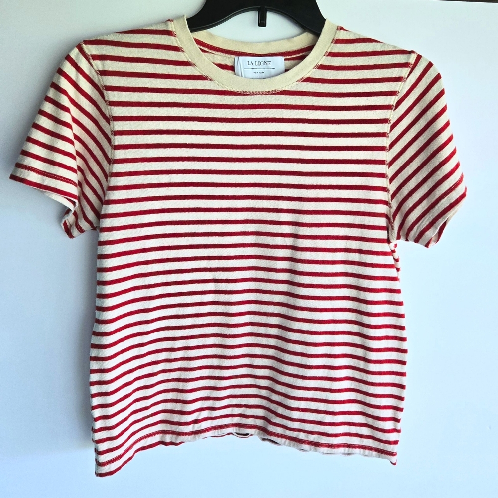 LA LIGNE Red & Cream Striped Tee, Size M 100% Cotton Cropped